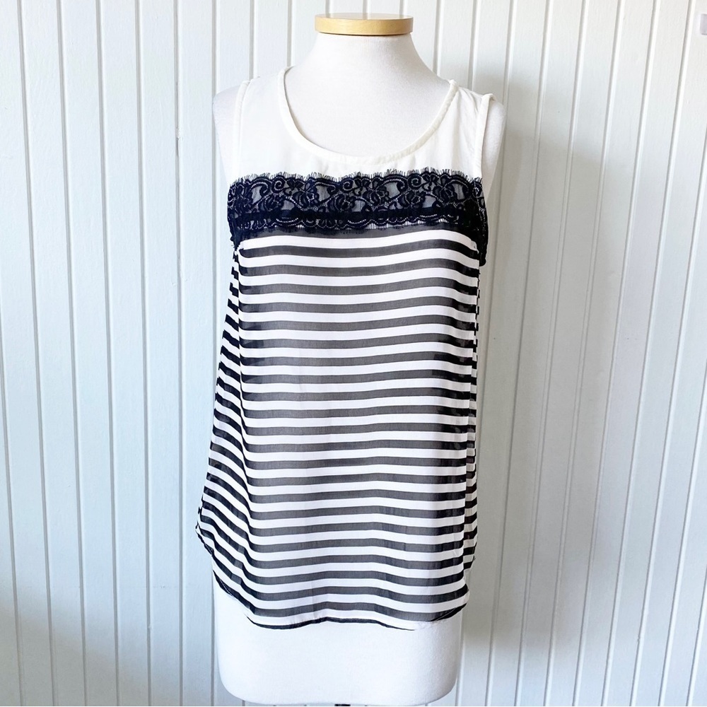 Dina Be Black & White Striped Lace Sheer Sleeveless Blouse Top Medium